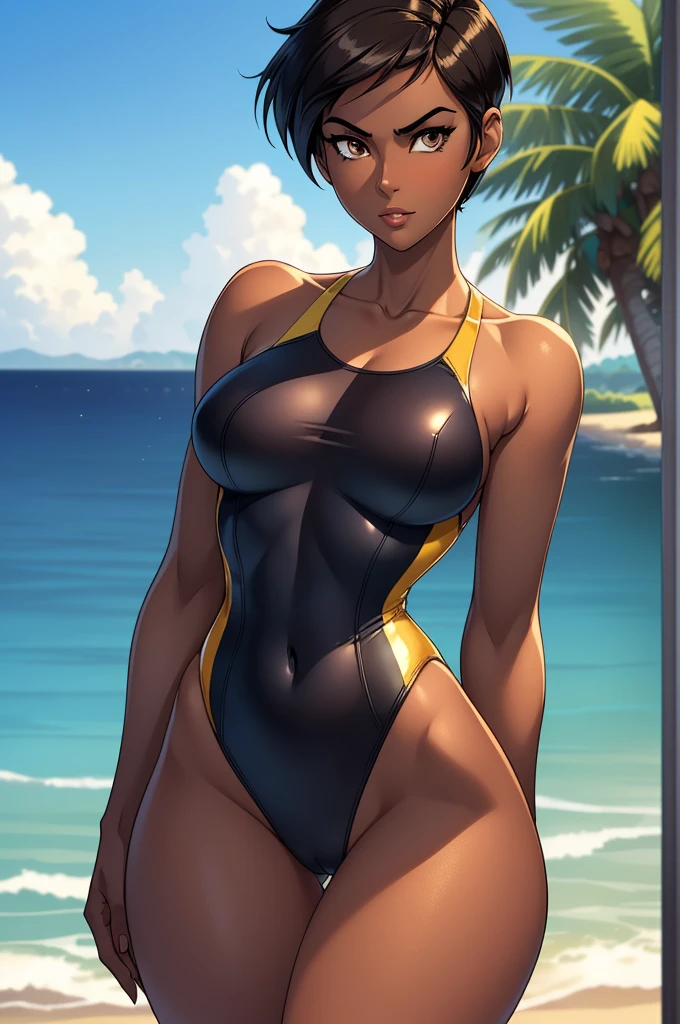 ((ultra quality)), ((masterpiece)), Lois Lane, ((black short hair tomboy hairstyle)), (Beautiful face), (beautiful female lips), (), charming, ((sexy facial expression)), (Dark skin color), (dark skin), glare on the body, ((detailed beautiful female eyes)), ((dark brown eyes)), (juicy female lips), (dark eyeliner), (beautiful female hands), ((ideal female figure)), ideal female body, beautiful waist, gorgeous thighs, beautiful medium breasts, ((subtle and beautiful)), sexy worth (), (one-piece swimsuit) background: bikini, ((depth of field)), ((high quality clear image)), (clear details), ((high detail)), realistically, professional photo session