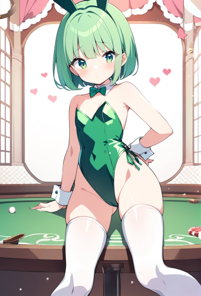 1 girl, cute, young, green hair, bob haircut, green eyes, playboy bunny, thigh high,
