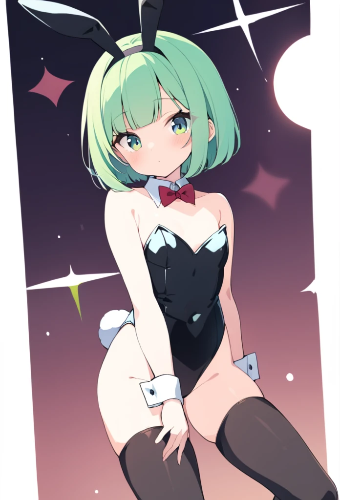 1 girl, cute, young, green hair, bob haircut, green eyes, playboy bunny, thigh high,