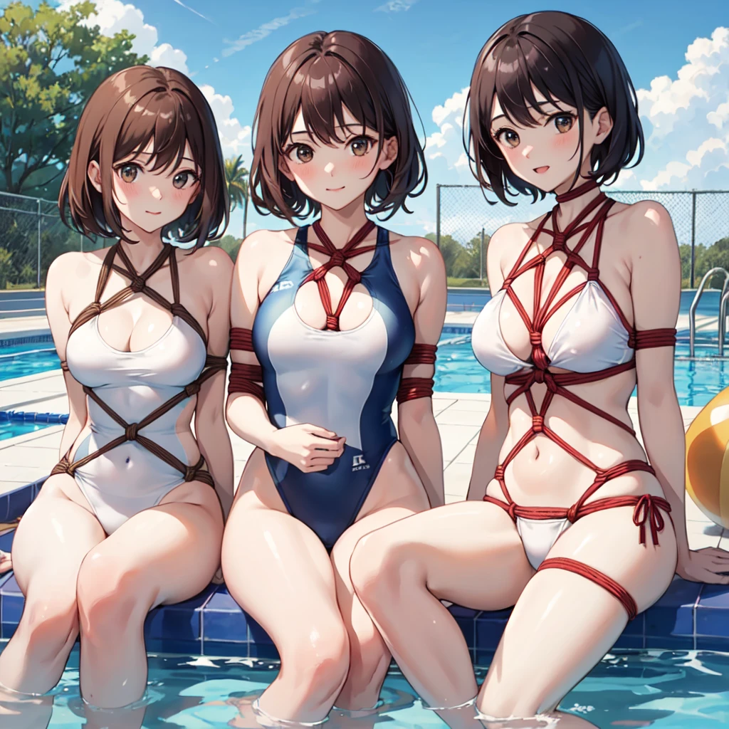 (masterpiece, best quality: 1.2), 1 pretty girl and her friends, 15 yo, competitive swimsuit, ((shibari)),medium breasts, summer outside, school poolside, brown short hair,