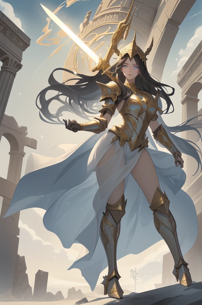 Full body shot of a fearless paladin with unparalleled beauty, featuring long, dark hair and striking blue eyes. She wears intricately designed draconic armor that glimmers with a mystical aura. Her armor is adorned with dragon scales and ornate patterns, giving it both an imposing and elegant appearance. In her hand, she wields a magnificent sword, the blade shimmering with a divine light, etched with runes of power. She stands in a majestic, celestial landscape, with radiant light filtering through the clouds, casting a holy glow upon her. The ground beneath her is a mix of ancient stones and sacred symbols, glowing softly as if infused with holy energy. Surrounding her are ethereal figures in shades of gold and white, their presence adding to the divine ambiance. The background features towering, ancient ruins and magnificent, skyward-reaching structures, hinting at a grand, heavenly stronghold. The scene is inspiring and powerful, with her face showing a serene yet determined expression, her eyes locked onto her noble mission. [Best quality], [Masterpiece], [Ultra-detailed], [4k], {inspiring|majestic} atmosphere, celestial landscape, {dynamic pose|noble stance}, radiant illumination, {soft shadows|divine lighting}, {glowing ancient stones:0.7}, {ethereal figures:0.6}, {heavenly architecture:0.5}, {towering ruins:0.4}, {skyward-reaching structures:0.3}.