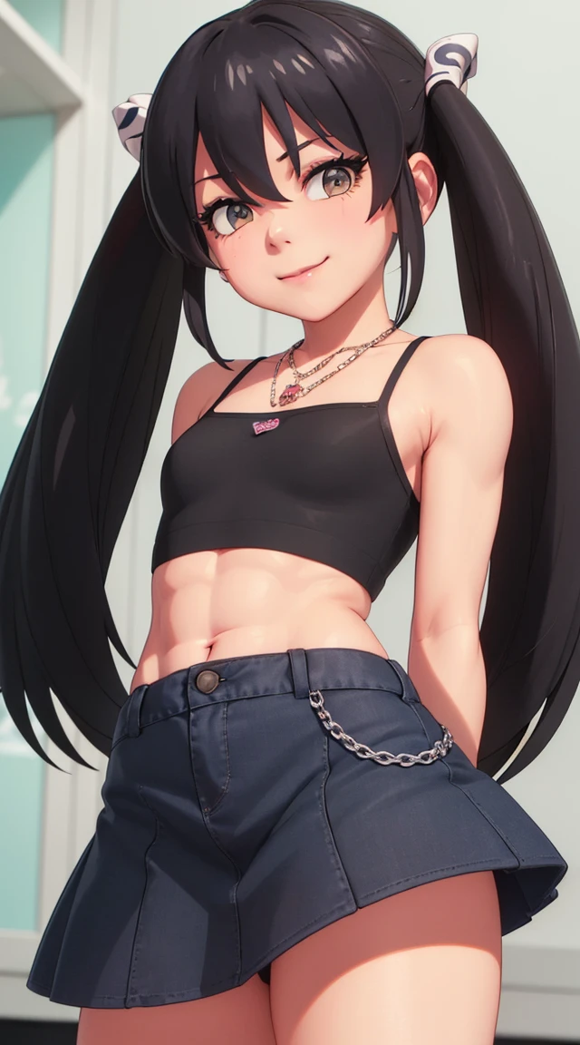 (masterpiece:1.3), (Best Quality:1.3), (Ultra-detailed:1.2), ((kawaii)), Cute, (lovely), ((sexy)), ((Extremely detailed)), 4K, (8K), Best Quality, (Beautiful), Illustration, anime style, (bold line:1.2), Gradation, looking at viewer, //, (bent down:1.1), (arms behind back), //, a cute girl, 1girl, (solo:1.2), gleaming skin, //, (flat chested), (Perfect eyes:1.2), (Perfect iris:1.2), //, darkblue hair color, (beautiful eyes) //, (half closed eyes:1.3), (sexual expression:1.2), Fascinated expression, smile, (blush:1.2), //, modern city background, on rock, twin tails, muscle girl, hard abs, exposed abs, NECKLACE, tight blouse, skirt
