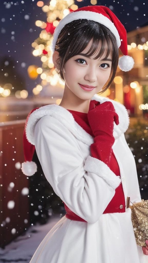 1girl, (santa claus costume slim fit:1.5), symmetry,(beautiful cute ultra young girl:2.0), (slender woman body:1.5), (ultra short hair:1.75), ultra big smile, (Beautiful large round droped detailed eyes:1.25), beautiful detailed lips, (extremely detailed beautiful face, natural makeup, Incredibly beautiful skin:1.5), (best quality,4k,8k,highres,masterpiece:1.75),(ultra-detailed,realistic,photorealistic,photo-realistic:2.0),professional,vivid colors,studio lighting,(snowing night town,christmas eve:1.25)