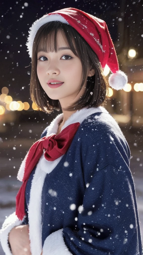 1girl, (santa claus costume slim fit:1.5), symmetry,(beautiful cute ultra young girl:2.0), (slender woman body:1.5), (ultra short hair:1.75), ultra big smile, (Beautiful large round droped detailed eyes:1.25), beautiful detailed lips, (extremely detailed beautiful face, natural makeup, Incredibly beautiful skin:1.5), (best quality,4k,8k,highres,masterpiece:1.75),(ultra-detailed,realistic,photorealistic,photo-realistic:2.0),professional,vivid colors,studio lighting,(snowing night town,christmas eve:1.25)