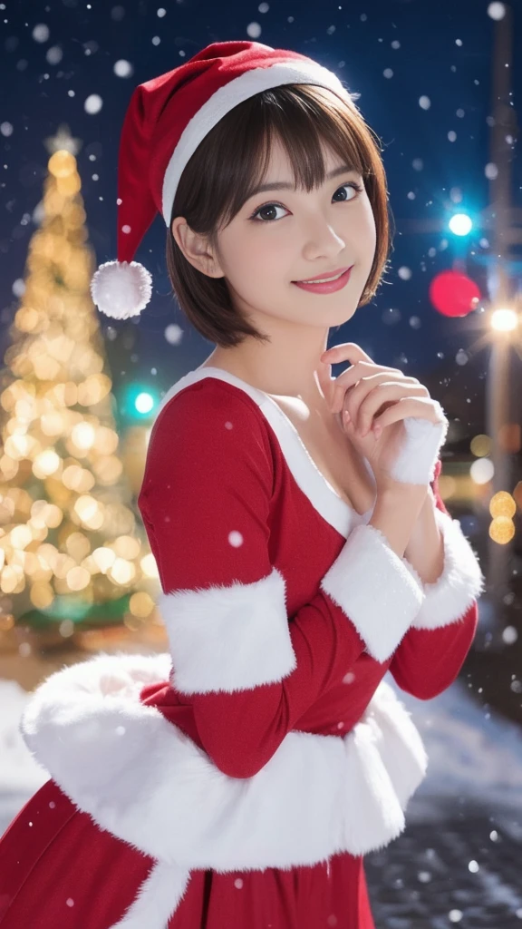 1girl, (santa claus costume slim fit:1.5), symmetry,(beautiful cute ultra young girl:2.0), (slender woman body:1.5), (ultra short hair:1.75), ultra big smile, (Beautiful large round droped detailed eyes:1.25), beautiful detailed lips, (extremely detailed beautiful face, natural makeup, Incredibly beautiful skin:1.5), (best quality,4k,8k,highres,masterpiece:1.75),(ultra-detailed,realistic,photorealistic,photo-realistic:2.0),professional,vivid colors,studio lighting,(snowing night town,christmas eve:1.25)