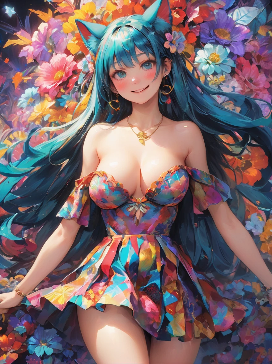 (Highest quality, 4K, 8k, High resolution, masterpiece:1.2), Super detailed, (Realistic, photoRealistic, photo-Realistic:1.37), expressive aesthetics, 1960s counterculture, A group of human-like animals, Brightly colored humanoids, Psychedelic Art, Retro art style, Crisp details, abstract pattern, , , , , Flower Power, , Psychedelic Background, Fractal Art, Multicolored neon lights, A unique and trippy perspective, surRealistic landscape, Hallucinations, a mind-changing experience, Motion Blur, Fluid movement, Synthesizer Sounds, Realistic fur rendering, Rich and vibrant color palette, , Mysterious glow, high contrast lighting, , , One girl, alone, Big Breasts, Long Hair, , , Hair between the eyes, drool, drugs, , empty eyes, blank eyes, drug, gleaming skin, , , wrist cuffs, , Pleated skirt, , , red cheek, , , erotic smile, , , Beautiful nipples, , succubus, , pussy, Shiny rosy lips, ,Lens flare,Hatsune Miku