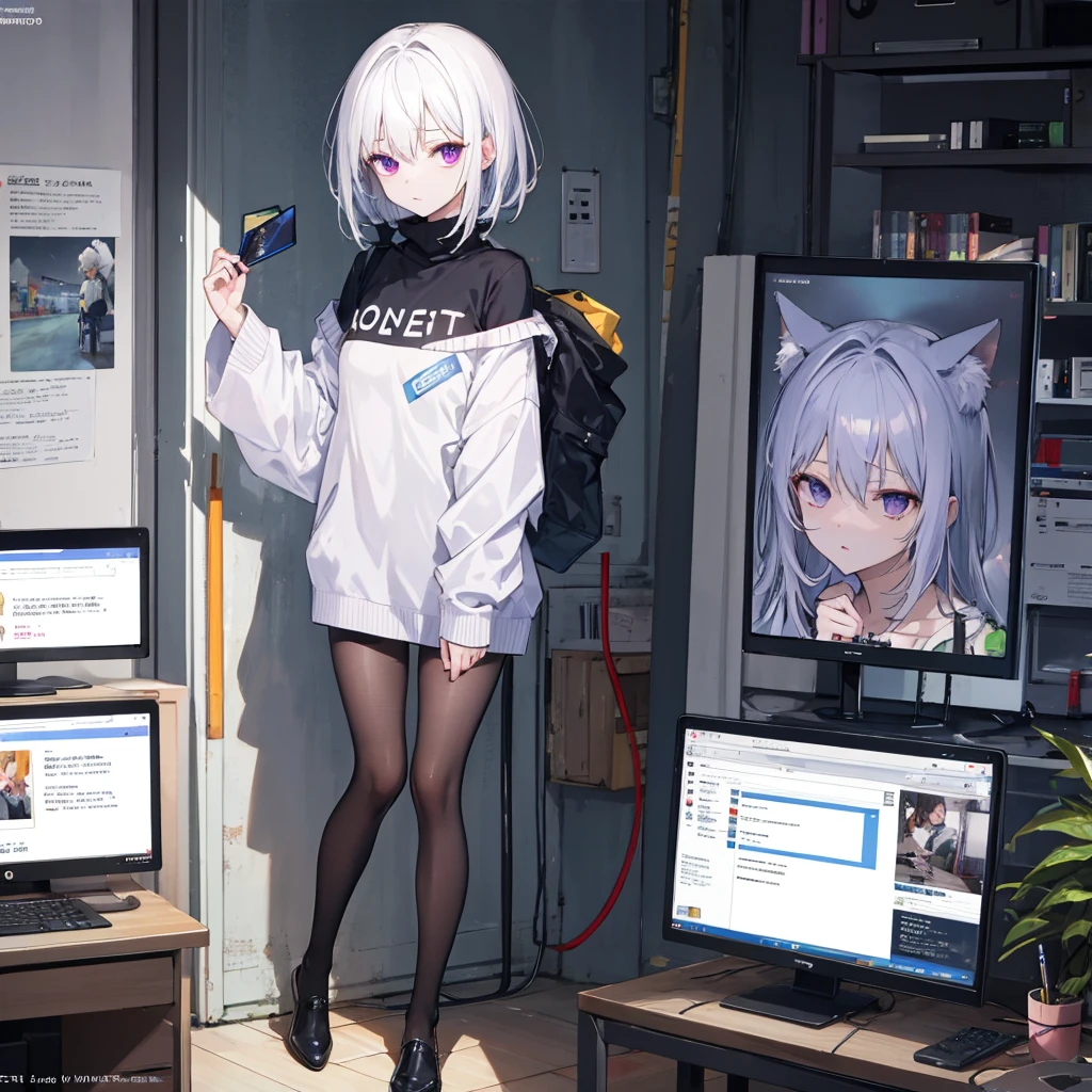 ((Best quality)), ((masterpiece)), (detailed), 1 girl, short off-shoulder sweater, attractive girl, monitor in place of the head, cursor on screen, slender legs, Violet eyes, albino, night time, white-haired, full length, Sex, hentai night. computer. internet. 
Three hours and still no sleep. 
Knocking and typing. 
Passage from window to window. 
word. A phrase. And advice. 
There was a question - and there is an answer. 
ICQ, e-mail, website, 
Memory of hundreds of gigabytes. 
dialogue. letter. Newsletter. 
Forum. chat. Query. And link. 
word. search. Save. 
Type. delete. 
Input. Query. System response. 
Box. Sleepсок. File &quot;No Theme&quot; . 
It&#39;s four o&#39;clock? tano? ! 
В Аське новенький оtano. 
&quot;-Good night! Why are not you sleeping? 
-Good...night you say? 
- It’s already four o’clock... - Stayed too long in this world... - How is she? 
- Sorry buddy: I want to sleep... I owe you a favor... - Tomorrow I’ll find you here? 
-I don&#39;t know. I won&#39;t lie... -Okay. Sleep. good night! 
-You write, if you want... -That means, meet me online? 
-Exactly. It&#39;s time to go... -Goodbye!&quot; - emoticon - &quot;Everything&quot;. 
Offline. The signal is coming. 
Disconnect? - Yes, Now. 
It&#39;s five o&#39;clock on the panel. 
Start. Work completed. 
To finish work? - Yes. 
Please wait. Disconnection. 
And the wires go silent. 
thought. fatigue. darkness. 
Dream in the morning. emptiness. 
silence. All thoughts away. 
The night passes outside the window. 
A few hours later. 
The bolt will be removed from the windows. 
download. open. Collapse. 
Connect and deploy. 
Windows, Asya, internet. 
It&#39;s night again, and there is no sleep again ...