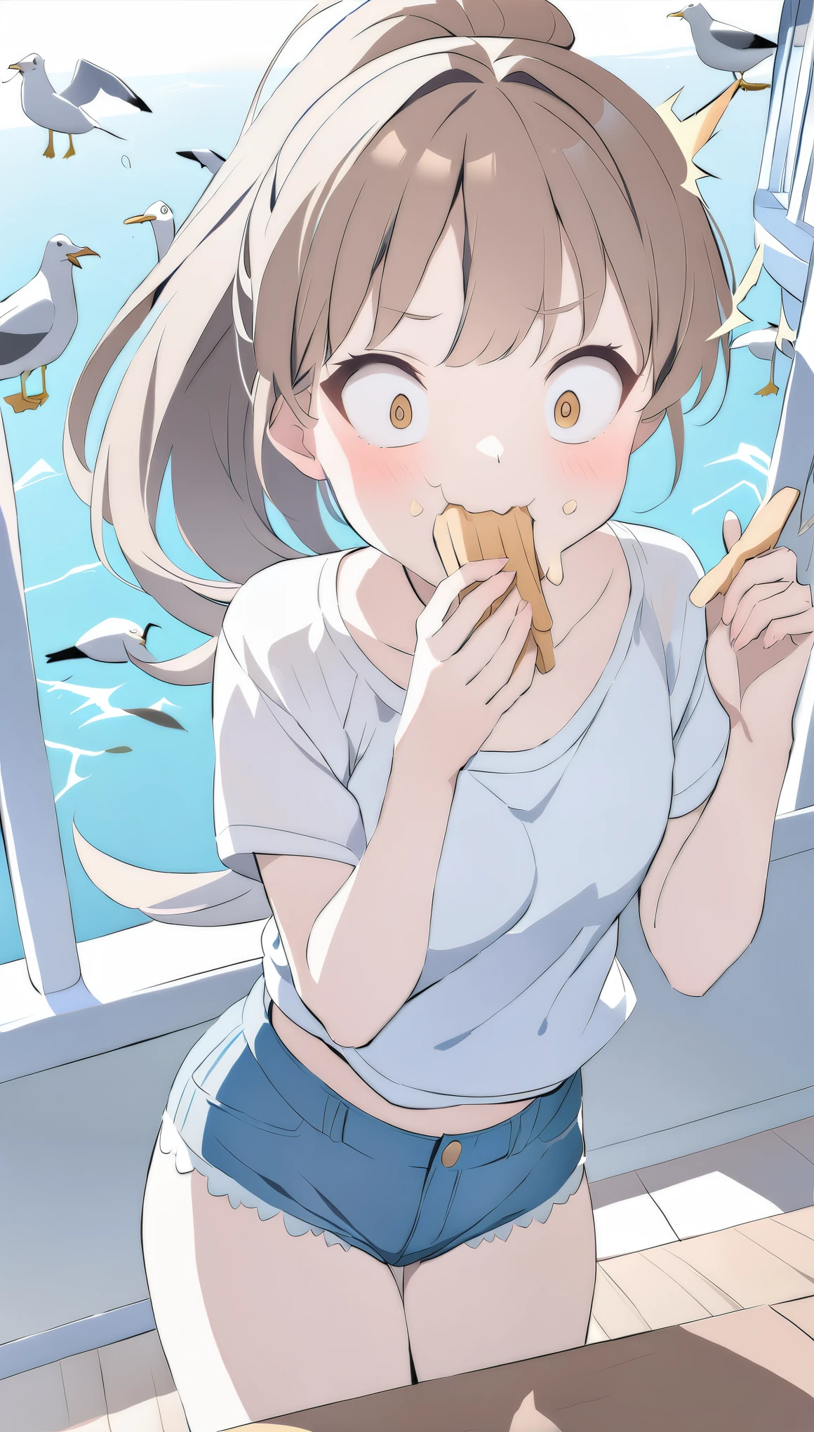 Highest quality、masterpiece、(((Seagull eating fries:1.37、Very detailed seagull、Correct depiction of a seagull:1.2)))、break、(((Girl watching seagulls、Surprised expression:1.37)))、break、Brown Hair、ponytail、pretty girl、White T-shirt、Denim hot pants、White cloud、blue sea、White balcony、table、