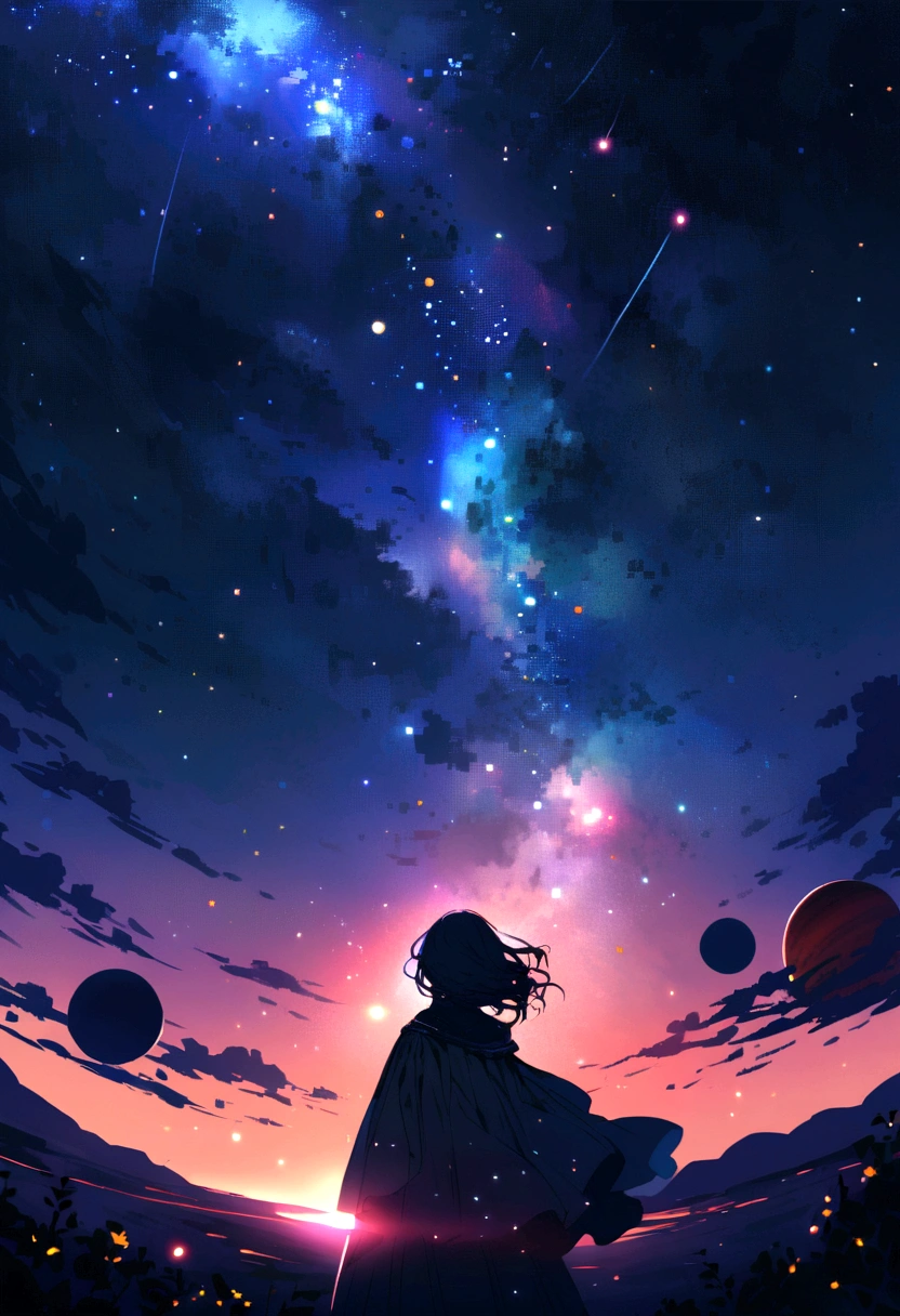 Sky, it's night, the night is full of stars, there are planets in the sky, bright colors,