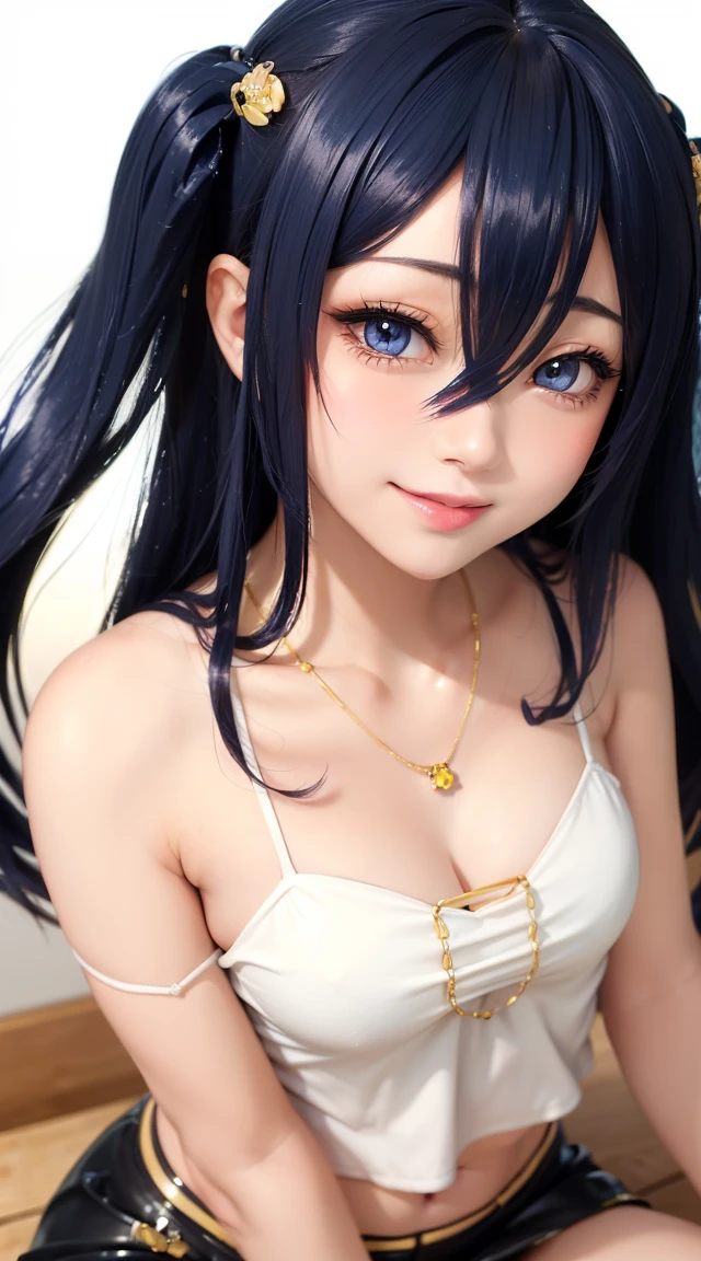 (masterpiece:1.3), (Best Quality:1.3), (Ultra-detailed:1.2), ((kawaii)), Cute, (lovely), ((sexy)), ((Extremely detailed)), 4K, (8K), Best Quality, (Beautiful), Illustration, anime style, (bold line:1.2), Gradation, looking at viewer, //, (bent down:1.1), (arms behind back), //, a cute girl, 1girl, (solo:1.2), gleaming skin, //, (flat chested), (Perfect eyes:1.2), (Perfect iris:1.2), //, darkblue hair color, (beautiful eyes) //, (half closed eyes:1.3), (sexual expression:1.2), Fascinated expression, smile, (blush:1.2), //, modern city background, on rock, twin tails, muscle girl, hard abs, exposed abs, NECKLACE, tight blouse, skirt