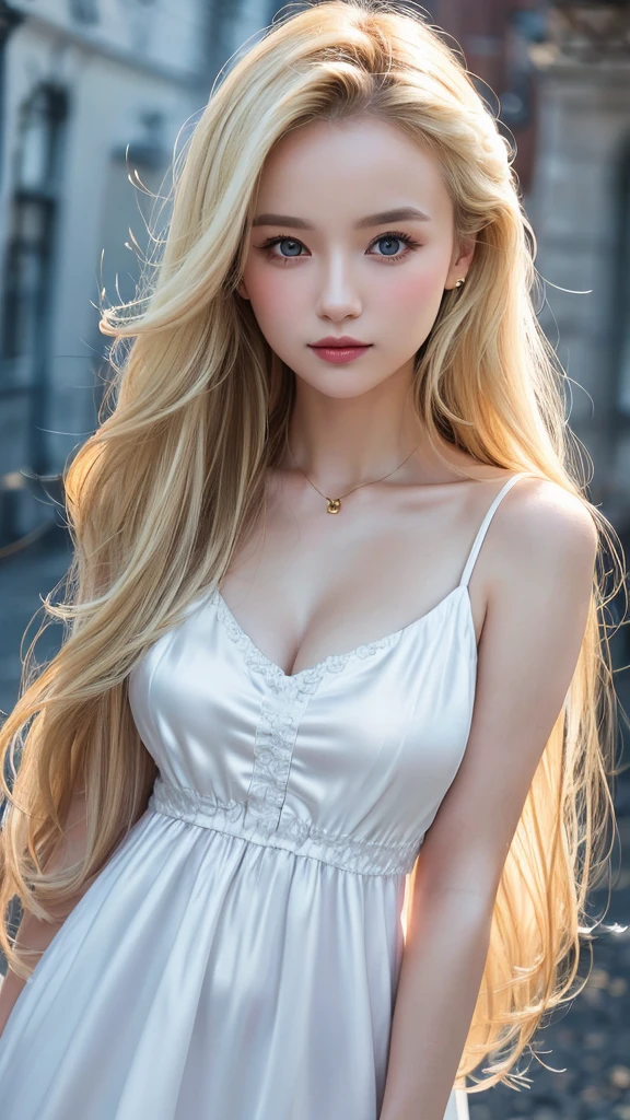 (((Blonde、forehead、long hair、White background、dress、Russia、Northern Europe、シンプルなWhite background、Light in face)))、masterpiece, Highest quality, 8k,, 20th Generation, (Large Breasts:1.2), Background is white,  cute, alone, sad, close, cute, Girlish, Delicate girl, Pure beauty,  RAW Photos, Professional photography, Portraiture, Soft Light, Professional Lighting, Upper Body, Sophisticated, Film Grain, (Eye and facial details:1.0) , Beautiful, flowing hair, Silk blouse,