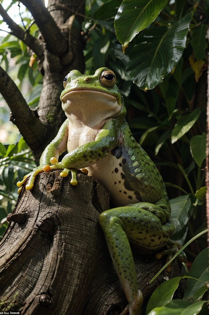 Create a picture of a frog perched on a lush tree trunk, its mouth emitting smoke in the form of the word 'pomo'.