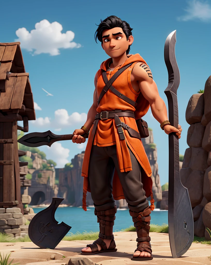 Man with black hair, brown eyes and fair skin, wearing orange barbarian tunic and black trousers, gauntlets and sandals, weilding axe, fullbody, medieval background, muscular