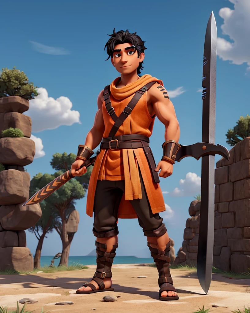 Man with black hair, brown eyes and fair skin, wearing orange barbarian tunic and black trousers, gauntlets and sandals, weilding axe, fullbody, medieval background, muscular