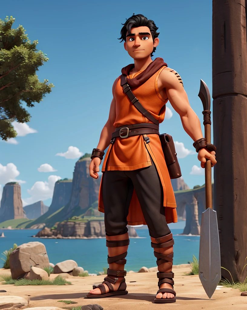 Man with black hair, brown eyes and fair skin, wearing orange barbarian tunic and black trousers, gauntlets and sandals, weilding axe, fullbody, medieval background, muscular
