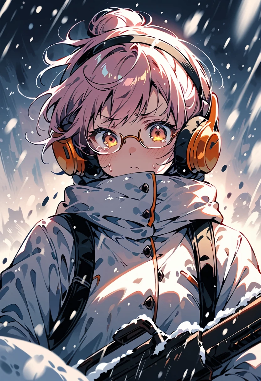 (extremely detailed fine touch:1.3), light pink, light blue, kawaii girl, (super very short hair:1.3), (yellow glasses:1.3), underrim_metal, headphones, chignon, holding a rifle, falling snow, tearful, serious atmosphere, (snow:1.3)