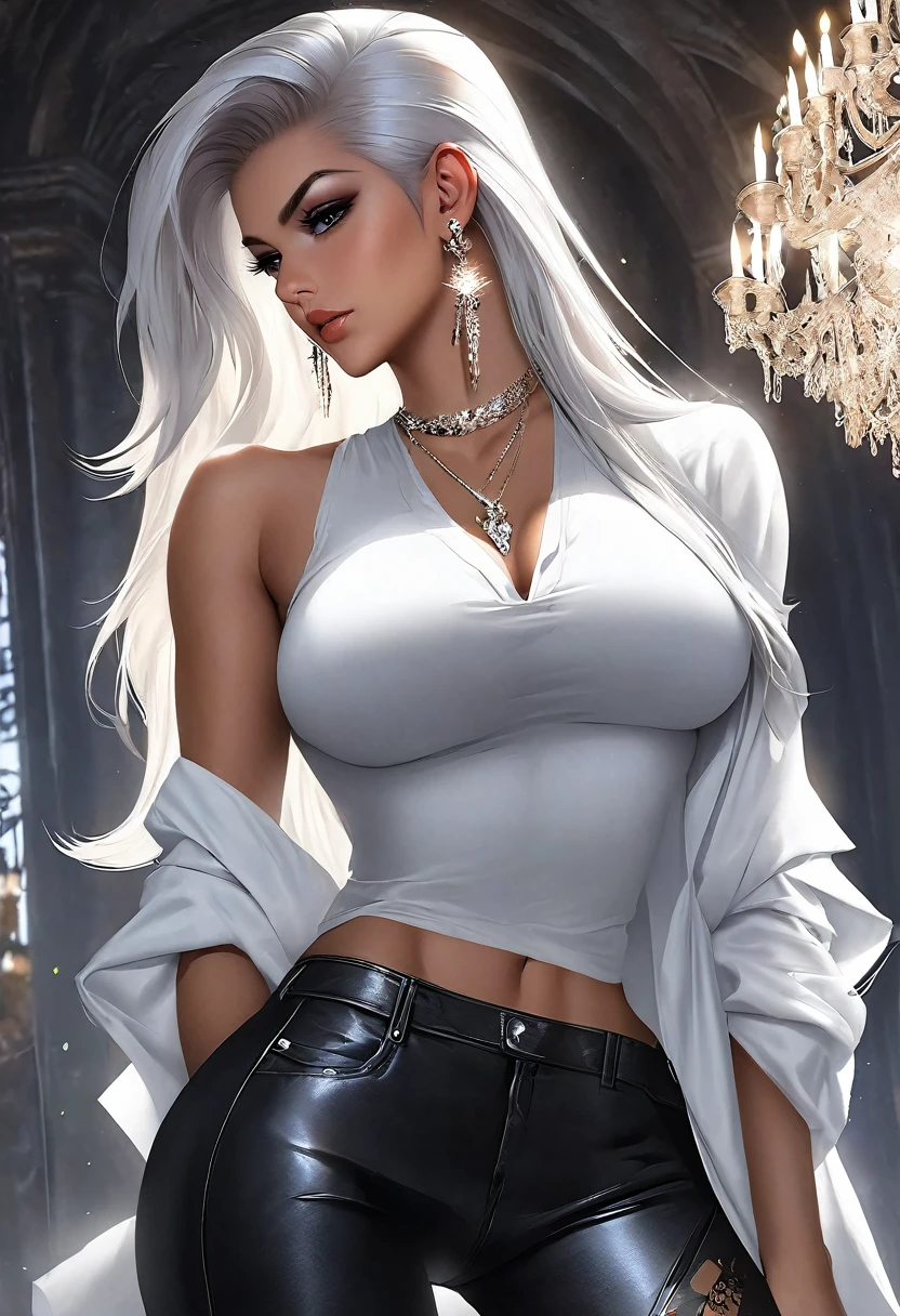 1 Girl, Long hair, shirt, white shirt, slick back hair ,Upper Body, chandelier earrings,  jewelry, white hair,crop top, leather pant , necklace,big breasts 