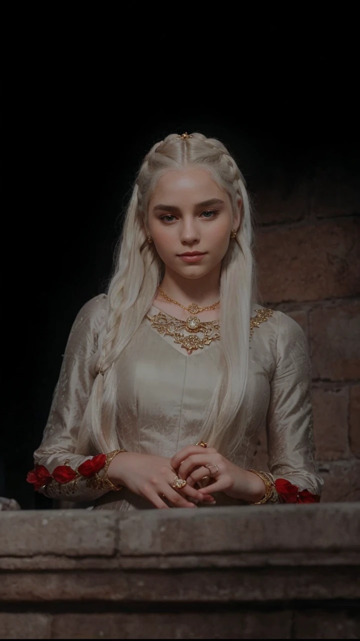 Girl with white wavy hair,side braids,beautiful necklace, Targaryen women hairstyle,beautiful gold tiara, red and black dress