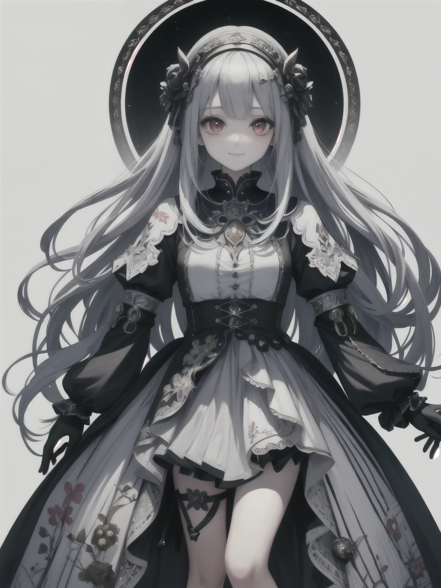 ultra-detailliert、anime illustrated、2D Beautiful Girl、top-quality、Top image quality、masterpiece、超A high resolution、android beautiful girl、, Glowing white cyber suit,Silvery long-haired、Red eyes、A slender、The face is depicted in detail、The eyes are very detailed、The clothes are also depicted in detail、hiquality、Beautiful Art、Fantastic Universe、Elaborate design、soio、kindly smile、goddess of bones、animesque、illustratio、Full body front
