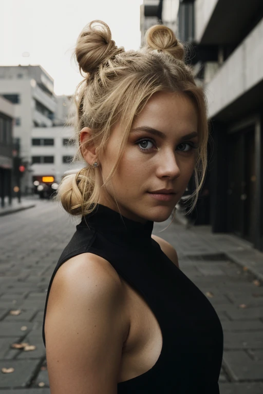 an eye contact of a blond with bun hair and dark theme, in an urban landscape 