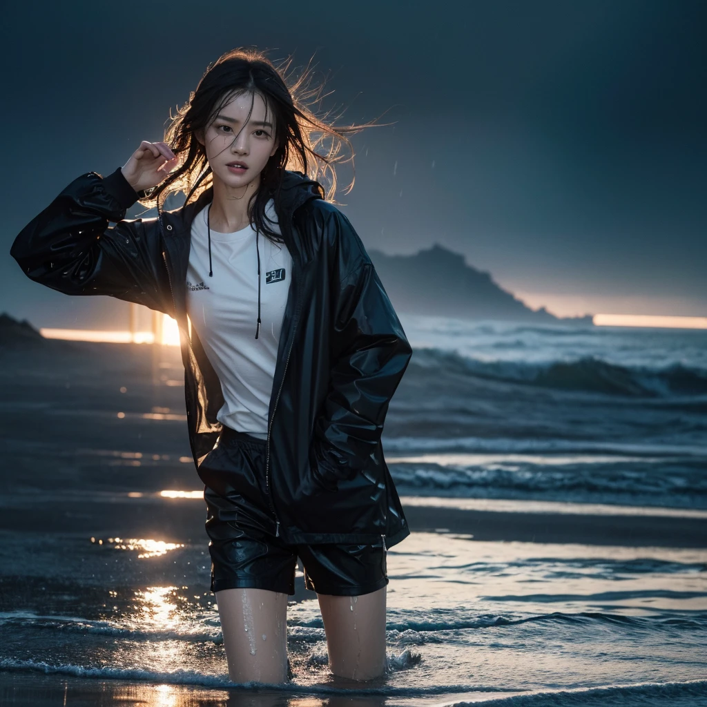 photo taken from lowes under, Best picture quality, ultra high resolution, (fidelity :1.4), photo, korean couple, there is man is running in front and pull the hand the woman behind him,(happyness), white shirt black hoodie, Dim, gust wind, dark, (afternoon), (Wet clothes:1.4), looking the camera, perfect faces, bare shoulders, Real rain, wet hair, cinematic, god rays, ray tracing, reflection light, Expressionism, Realism, masterpiece, highres, 16k, textured skin, anatomically correct