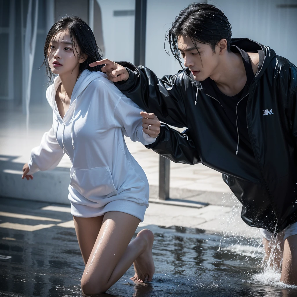 photo taken from lowes under, Best picture quality, ultra high resolution, (fidelity :1.4), photo, korean couple, there is man is running in front and pull the hand the woman behind him,(happyness), white shirt black hoodie, Dim, gust wind, dark, (afternoon), (Wet clothes:1.4), looking the camera, perfect faces, bare shoulders, Real rain, wet hair, cinematic, god rays, ray tracing, reflection light, Expressionism, Realism, masterpiece, highres, 16k, textured skin, anatomically correct