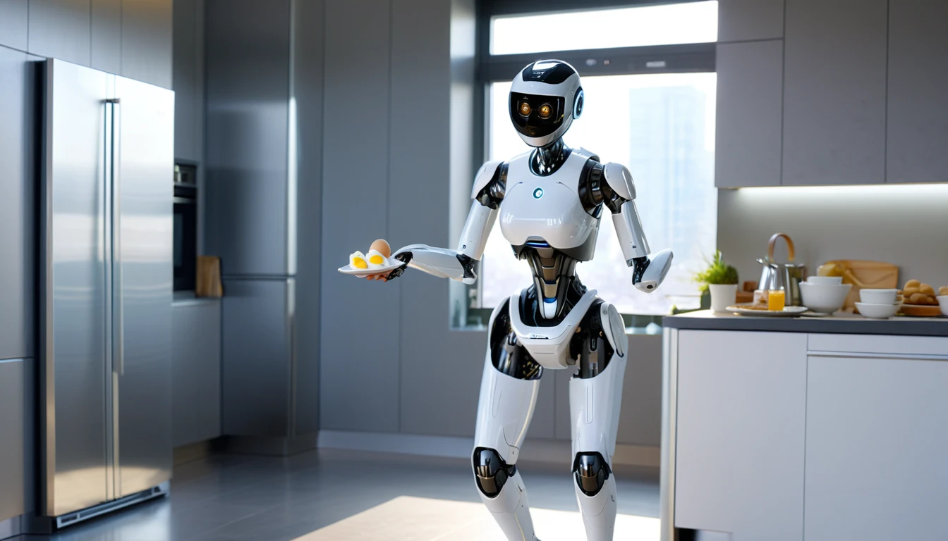 (8K, high quality, futuristic, realistic, details, focus). A female A.I robot is swaying, her hands are holding a white plate containing fried eggs, take a picture of the A.I robot jogging while carrying a plate containing fried eggs, the background is in a kitchen. time 7.00 am. soft sunlight came in through the window panel. 