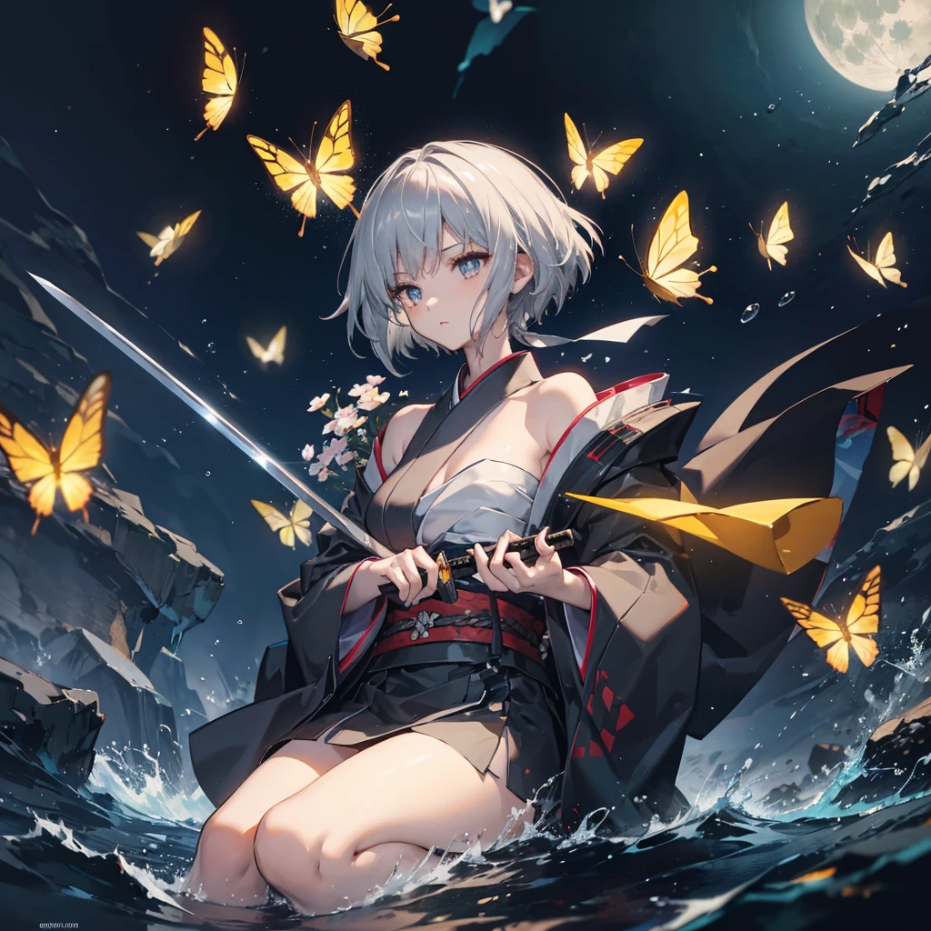 ((High resolution Gray Hair Long Hair Black kimono Black Band military commander Lonely despair)) ((Yellow butterfly night Japanese style shoulder old Shining Aura Japanese garden water surface)) (dance Blade of Darkness Japanese sword Slashing) moon star Draw your sword Slashing Catch the wind autumn