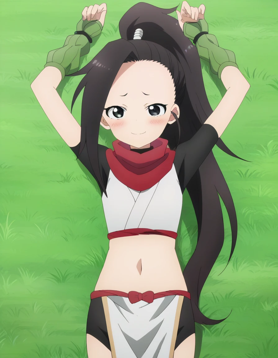  anime coloring, anime screencap, source_anime, anime,uncensored ,BREAK1girl,kunotsubaki, black eyes, black hair, long hair, asymmetrical bangs, forehead, high ponytail, ponytail,shirt, navel, red scarf, scarf short sleeves, pelvic curtain, shorts, green gloves, arm warmers, fingerless gloves,  BREAK, high quality, solo, lying, on back, arms up, spread arms, closed mouth, on grass, (cowboy shot:1.5), looking at viewer, nervous, smile, best quality, blushing, center,