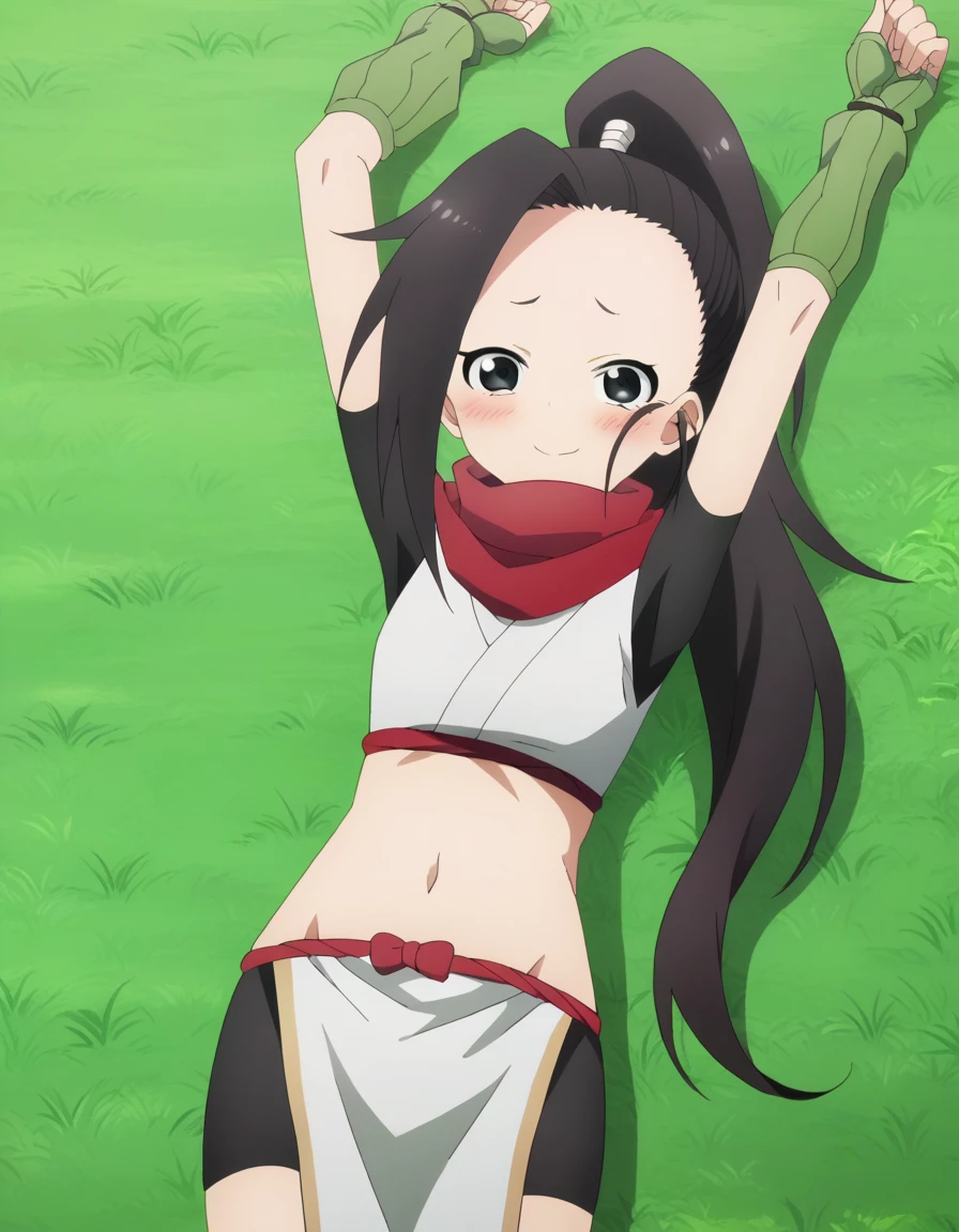 anime coloring, anime screencap, source_anime, anime,uncensored ,BREAK1girl,kunotsubaki, black eyes, black hair, long hair, asymmetrical bangs, forehead, high ponytail, ponytail,shirt, navel, red scarf, scarf short sleeves, pelvic curtain, shorts, green gloves, arm warmers, fingerless gloves, BREAK, high quality, solo, lying, on back, arms up, spread arms, closed mouth, on grass, (cowboy shot:1.5), looking at viewer, nervous, smile, best quality, blushing, center,