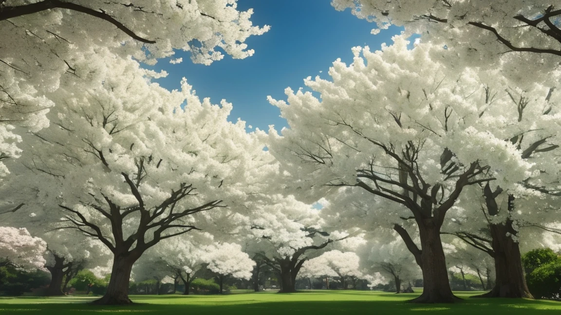 There are many white flowers growing on the trees in the park, Digital rendering inspired by Matsumura Goharu, Flickr, , breath - taking beautiful trees, breath-taking beautiful trees, Mandelbulb flower and tree, Detail of trees in bloom, extremely beautiful and ethereal, Surreal Waizi Flowers, White Flowers, beautiful trees, beautiful!!!!!!!!!!!!
