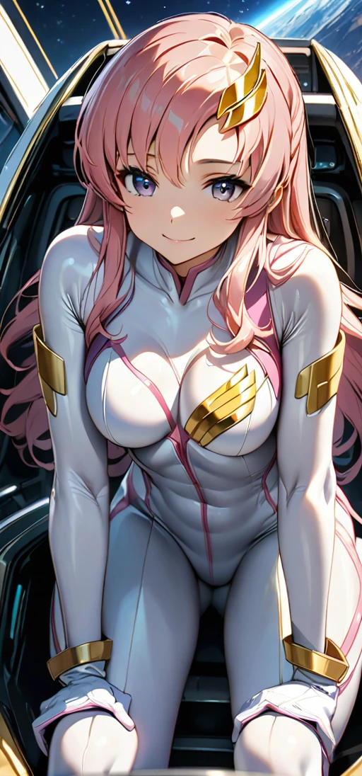 lacus clyne, (white Rubber bodysuit gold and pink lines, bodysuit, white gloves:1.3), 17 years old, height 1.5meters, chubby 34kg, light purple eyes, (pink hair:1.2), (long hair:1.4), (medium and soft breasts, Slender body, Small Ass:1.4), fair skin, (blue hairclip:1.2), (looking side:1.3), (cockpit:1.3), (leaning forward:1.2), (hands on knees:1.3), starry sky, tele shot, (perfect anatomy), depth of field, delicate details, best quality, anatomically correct, high details, HD, 8k, (perfect hands:1.2),