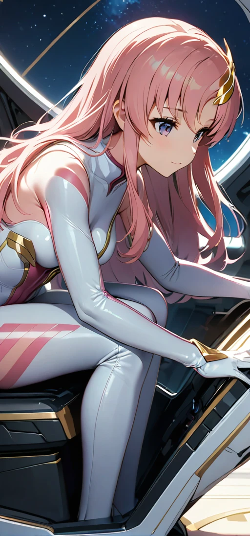 lacus clyne, (white Rubber bodysuit gold and pink lines, bodysuit, white gloves:1.3), ************, height 1.5meters, chubby 34kg, light purple eyes, (pink hair:1.2), (long hair:1.4), (medium and soft breasts, Slender body, Small Ass:1.4), fair skin, (blue hairclip:1.2), (looking side:1.3), (cockpit:1.3), (leaning forward:1.2), (hands on knees:1.3), starry sky, tele shot, (perfect anatomy), depth of field, delicate details, best quality, anatomically correct, high details, HD, 8k, (perfect hands:1.2),