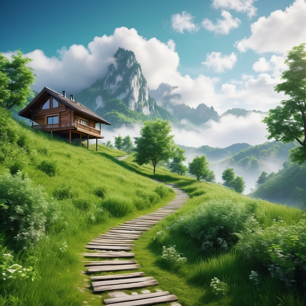 a paradisiacal landscape of a mountain in a green valley with trees, photorealistic scene, daytime, a trail between two mountains ending in a wood house, clouds in the sky, fog