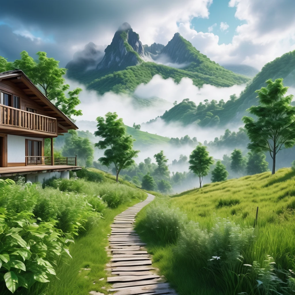 a paradisiacal landscape of a mountain in a green valley with trees, photorealistic scene, daytime, a trail between two mountains ending in a wood house, clouds in the sky, fog