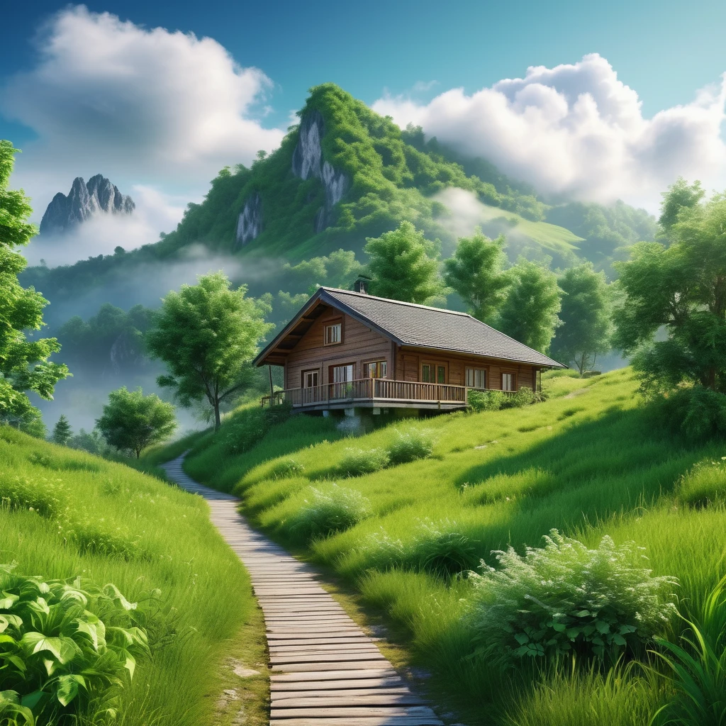 a paradisiacal landscape of a mountain in a green valley with trees, photorealistic scene, daytime, a trail between two mountains ending in a wood house, clouds in the sky, fog  