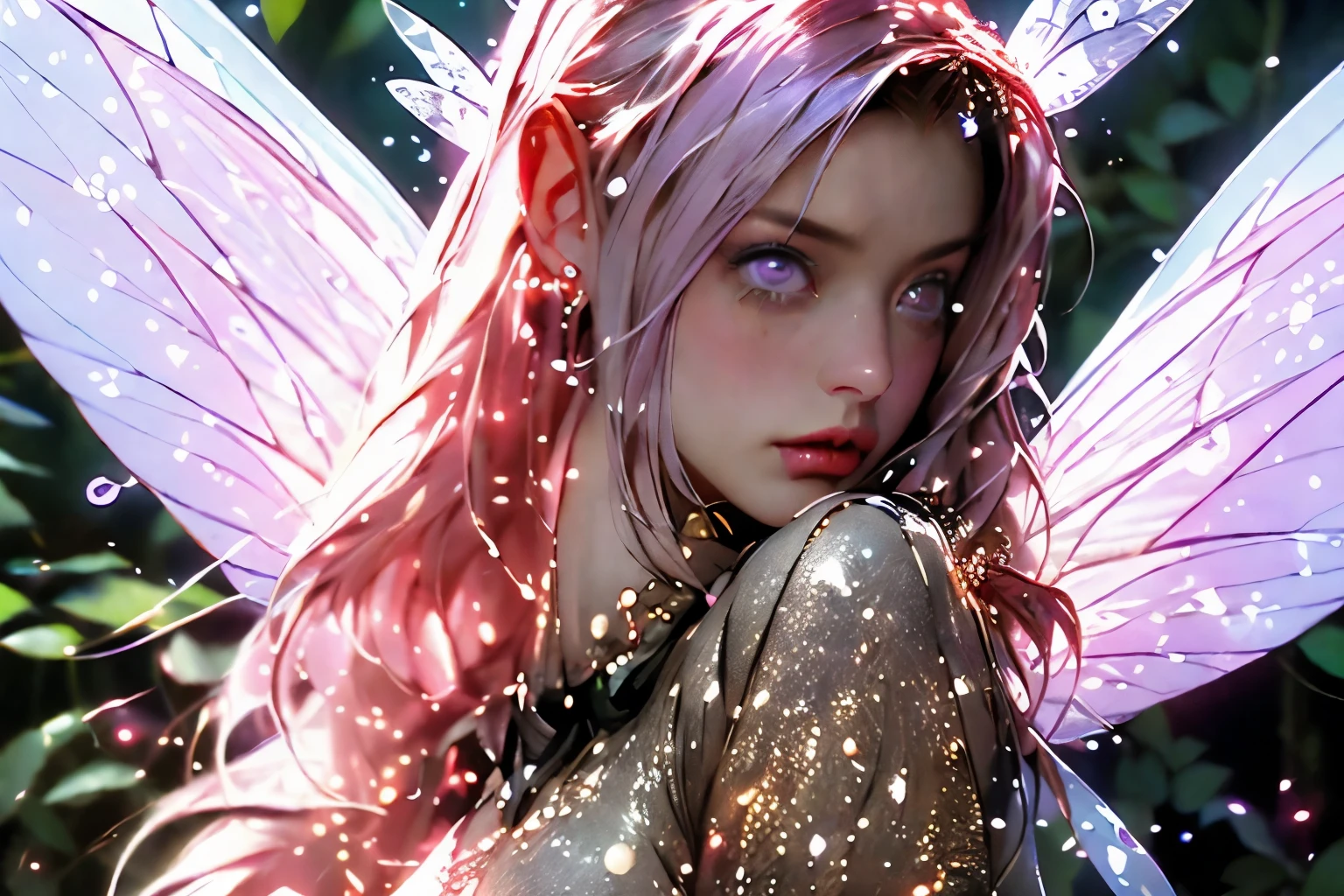 A pink haired Tuff Warrior Fairy Female, dehaze image, ((((fairy fighting like mad with machine guns in hand to restore order)))), full body shot head to toe, 2 extremely large violet elegant fairy wings, wearing a pink tutu and pink micro panties, and combat fatigues and tan pink black and gold colored marine miliary armor, forest village dystopian word at war, 24k resolution, hyperdetailed photorealistic, sci-fi impressionist art style, Masterpiece, more_details, perfecteyes eyes, UMaySpankItOnce,fairy, Light particles and spark, photo of perfecteyes eyes, beautiful face,