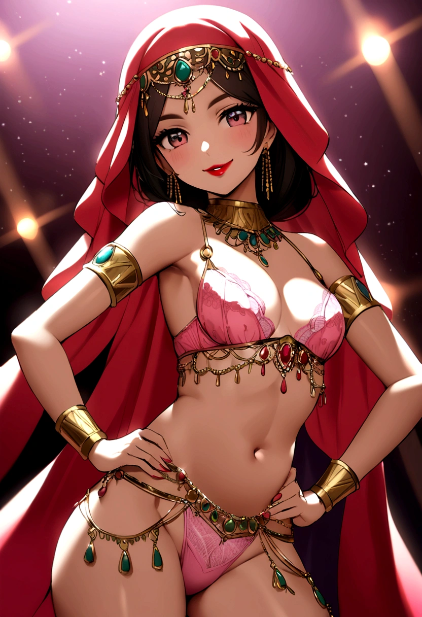 A beauty Arabian model woman with redhijab on the stage, red lips, pink lace bra, pink lace underwear, small breast, belly dancer , solo, smile, cleavage, angle from looks the bottomless.