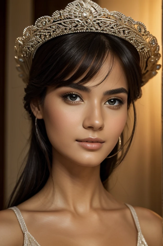 (a woman with a) rosto maria theme,beautiful detailed eyes,beautiful detailed lips,extremely detailed face,(best quality,4k,8k,highres,masterpiece),ultra-detailed,realistic:1.37,portrait,soft lighting,classic oil painting,dreamy color palette,subtle brush strokes,fine details,vivid colors,expressive eyes,slightly parted lips,vibrant personality,graceful posture,long flowing hair,exquisite jewelry,royal attire,gentle smile,subtle shadows,delicate features,pure elegance,sublime beauty,serene expression,sublime beauty,peaceful ambiance