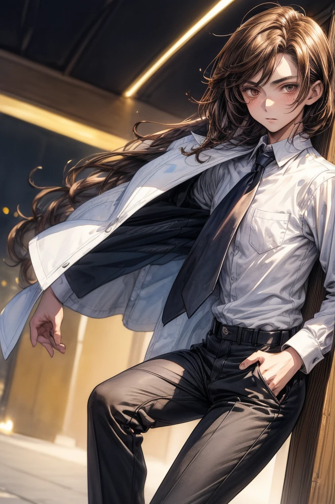 ((Sketch)), ((Watercolor)),((best quality)) ((best quality)), ((masterpiece)), (detailed), 4k image, anime style, handsome young teenage man, shoulder length hair brown hair. golden brown eyes, lean and slim physique, exceedingly handsome facial features, black pants, formal white shirt, 