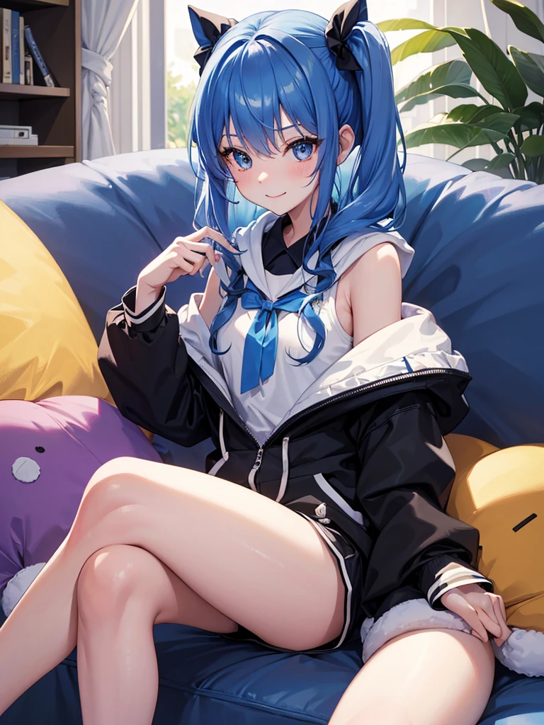 (*****, top-quality, 8K, masterpiece, Top image quality, Hi-Res, super detailing, Ultra HD, (Delicate and smooth skin, real looking skin, Perfect and beautiful face ,Perfect and cute face, high detail skin, Perfect limbs)), girl , blue eyes , blue hair , blue ribbon , blushing, hair ribbon , hood , one knee up , long hair , long sleeves , looking at viewer , looking to the side, pillow , rabbit stuffie, black short shorts , side ponytail , sidelocks , sitting on sofa, smile , solo , star symbol in eye , holding stuffed toy , white hoodie, hoshimachi suisei (hololive)