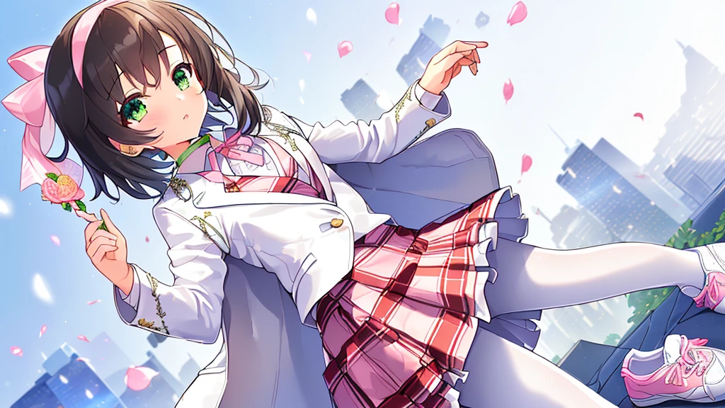 1 Girl, alone, masterpiece, Highest quality, Super Resolution, Ultra high definition, 8kg Unity, (Anatomically correct:1.3), (Petite Girls:1.5), (whole body:1.2), Black Hair, Grey Eyes, (Medium Hair:1.5), High quality eyes, high quality hands, (White collared shirt:1.5), (Short pink suit jacket:1.3), (Floral embroidered suit jacket:1.5), (Ruffle sleeves:1.3), (Costume Open:1.6), (Short skirt with white plaid pattern:1.5), (Wide Hair Band:1.3), (Pink ribbon:1.5), (White Pantyhose:1.5), (White sports shoes:1.3), (Green choker:1.45), (City lane:1.3), (Clear sky:1.2), Flower Flakes, High Quality Backgrounds, Detailed Background