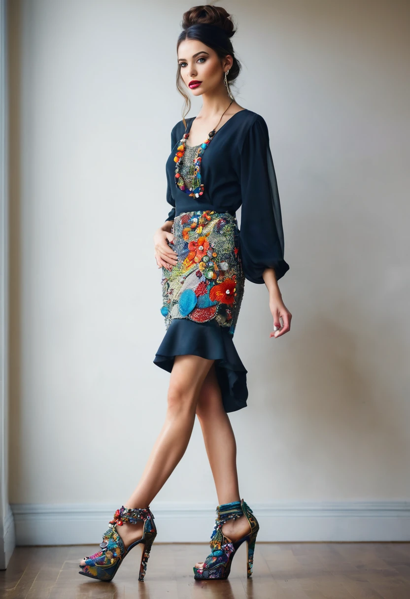 Beautiful woman, unique artsy style, full length, real , accessory, beautiful ,shoes