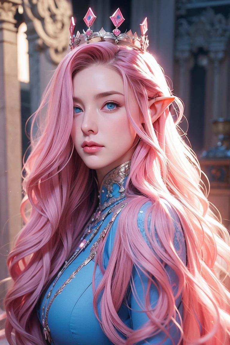 Woman, long wavy hair, pink hair, blue eyes, empress, crown, chin up, thoughtless, serious, serious expression, Authoritarian, elf, Medieval setting, elf, Curvy, thick thighs