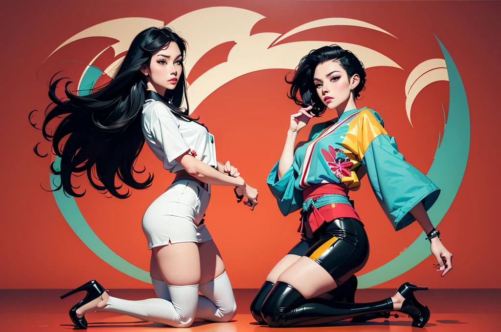 ((Art style by Patrick Nagel)), ((8k, wallpaper, detailed)), 2girls, korean popstar, thighhighs, high heels, long legs, black hair, pretty hands, fringe, full body, samurai sword, (multiple girls:1.4), simple red background, palm trees, (graffiti wall:1.2), muscular, strong, courageous, art by Patrick Nagel