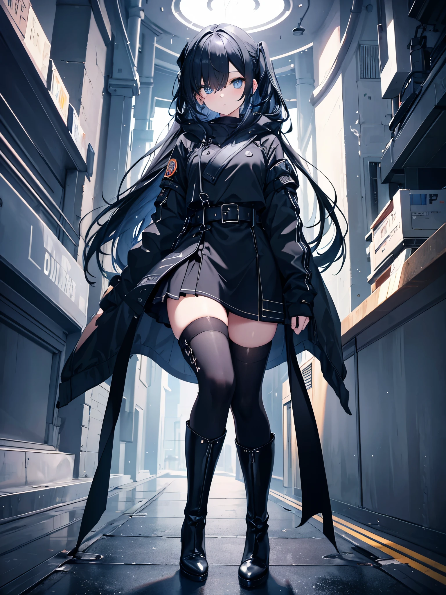 black pantyhoses，teens girl，Starry eyes，Black parka，Dark blue hair，side pony tail，Extremely long hair，tmasterpiece，4K，Award-winning photos，extremely detaile，finely detailled，Highly detailed woman，Extremely detailed eyes and face，black knee boots，Full body like，Hair covers one eye，Perfect female body，1girll，black sash