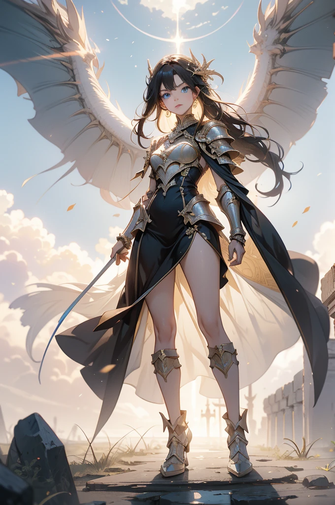 (masterpiece, best quality: 1.3), extremely high detailed, intricate, 8k, HDR, wallpaper, cinematic lighting, (universe), (holding sword: 1.3), bright, armor, bright eyes, cosmic angel, large wings,