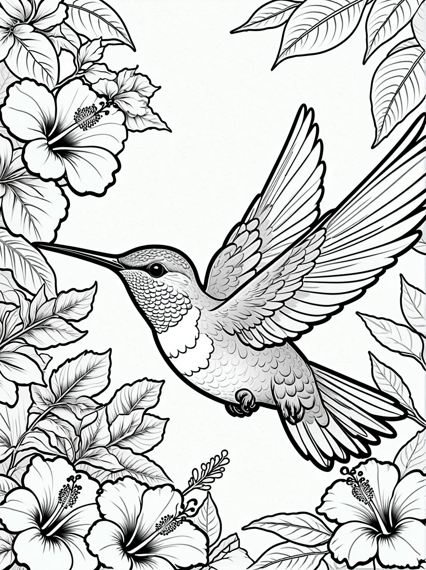 As a coloring book. White background, black and white, line drawing. No coloring. Borders should be simple, clear, distinct, and thick lines. By Cartoon style of hummingbird, hovering motion, tropical jungle, hibiscus flowers.