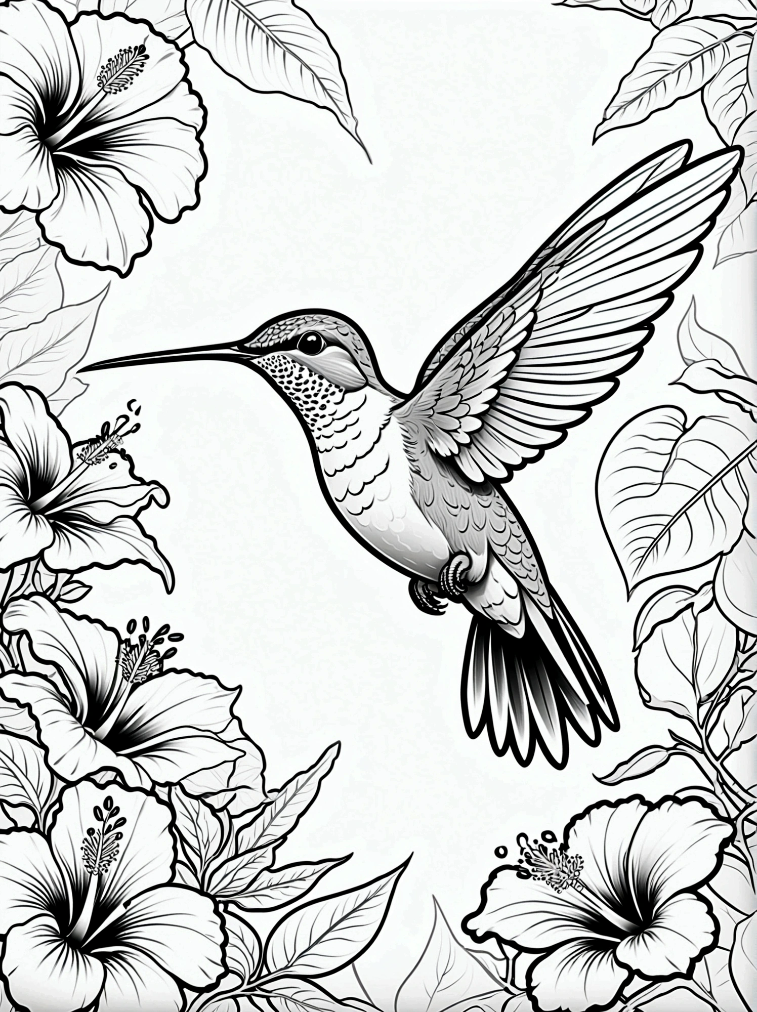 As a coloring book. White background, black and white, line drawing. No coloring. Borders should be simple, clear, distinct, and thick lines. By Cartoon style of hummingbird, hovering motion, tropical jungle, hibiscus flowers.