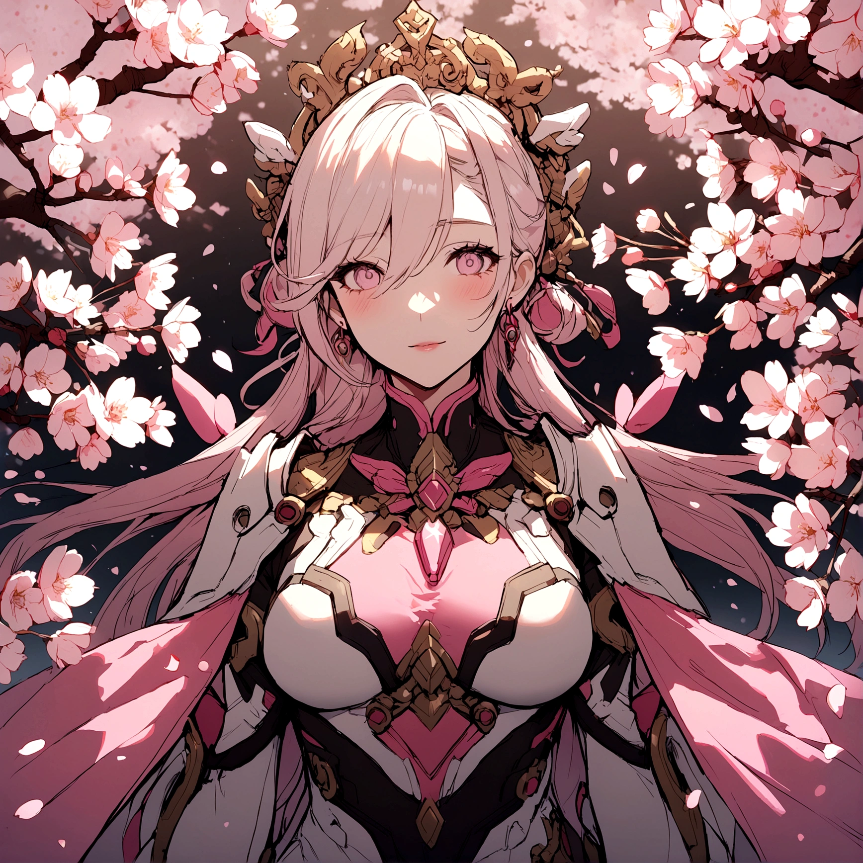 Pink mercy from overwatch surrounded by cherry blossoms